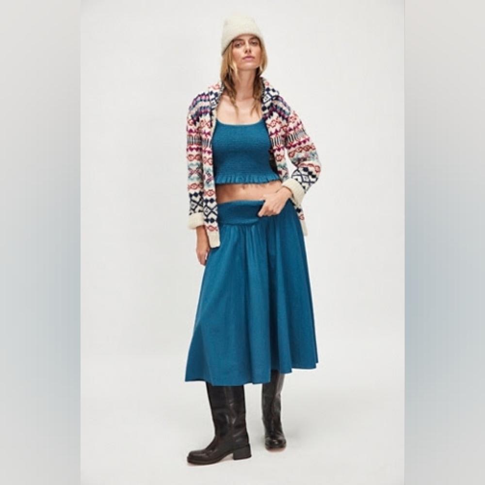 Free People Braveheart Solid Set Seaside Blue Smocked Top & Midi Skirt NWT - Picture 2 of 4